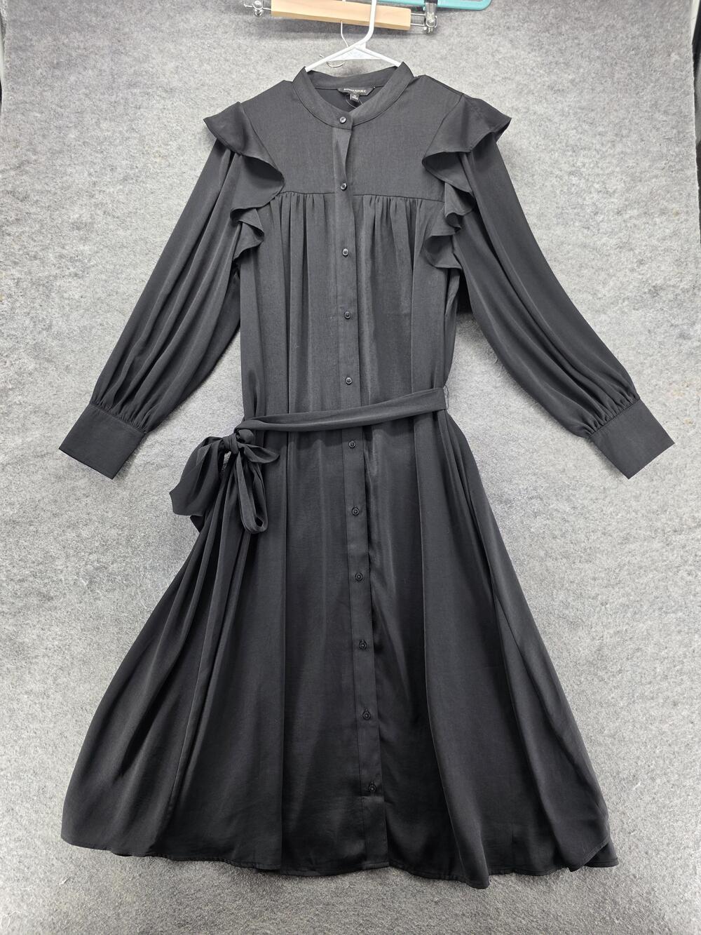 Banana Republic Dress Womens M Black Shirt Dress Long Sleeve Belted Ruffle